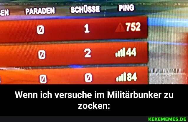 EN PARADEN SCHÜSSE PING
1 752
2 2
84
Wenn ich versuche im Militärbunker zu zocken: - Wenn ich versuche im Militärbunker zu zocken: