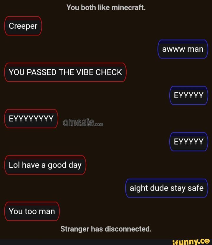 You both like minecraft.
Creeper
YOU PASSED THE VIBE CHECK
You too man
Stranger has disconnected.