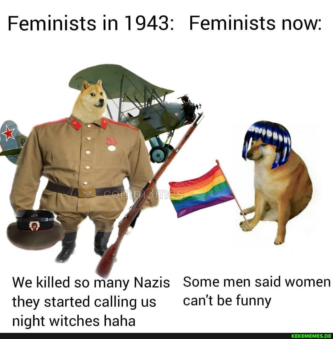 Feminists in 1943: Feminists now:
We killed so many Nazis Some men said women they started calling us can't be funny niaht witches haha