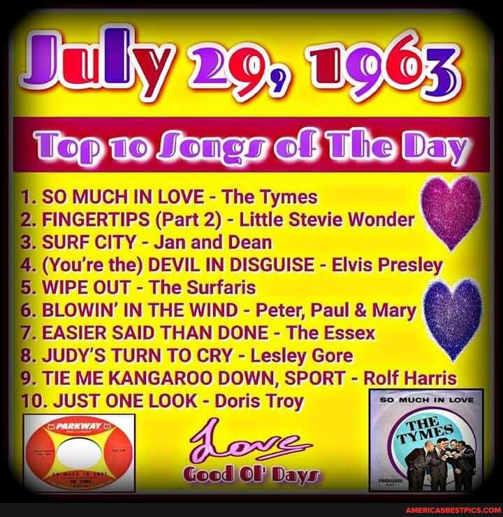 . SO MUCH IN LOVE - The Tymes
2. FINGERTIPS (Part 2) - Little Stevie Wonder
3. SURF CITY - Jan and Dean
4. (You're the) DEVIL IN DISGUISE - Elvis
WIPE OUT - The Surfaris
6. BLOWIN' IN THE WIND - Peter, Paul & Mary
7. EASIER SAID THAN DONE - The Essex
B. JUDY'S TURN TO CRY - Lesley Gore
9. TIE ME KANGAROO DOWN, SPORT - Rolf
10. JUST ONE LOOK - Doris Troy