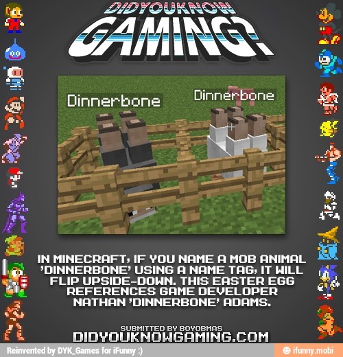 In Minecraft If You Name A Mob Animal E Dinnerbone Using A Name It Hill A Flip Upside Down This Easter Egg Ee References Game Developer E Nathan Dinnerbone Adams