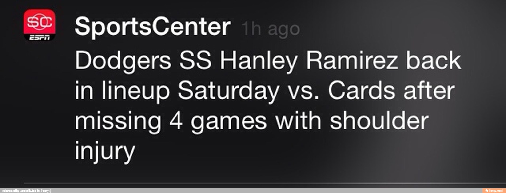 Dodgers SS Hanley Ramirez back
in lineup Saturday vs. Cards after
missing 4 games with shoulder
injury