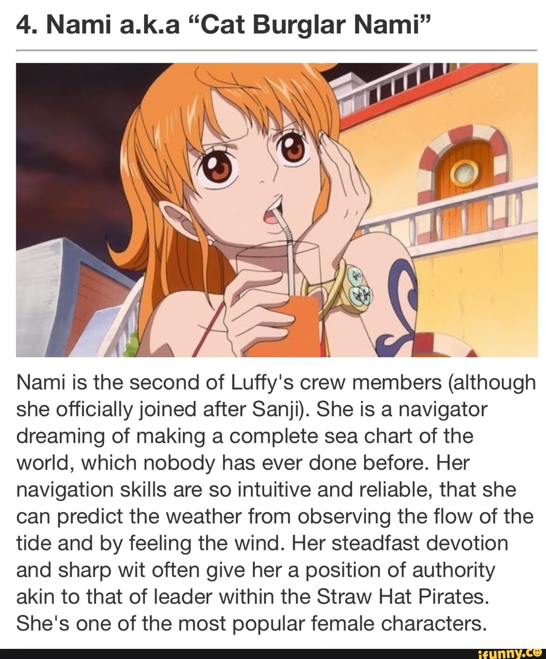 4. Nami a.k.a “Cat Burglar Nami” Nami is the second of Luffy's crew