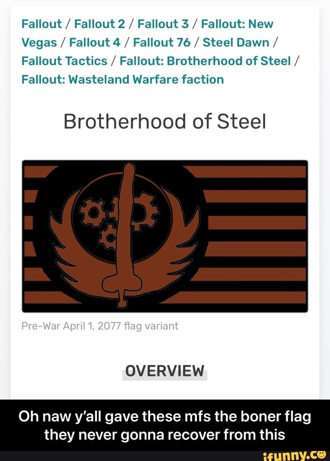 Fallout Fallout 2 Fallout Fallout New Vegas Fallout Fallout 76 Steel Dawn Fallout Tactics Fallout Brotherhood