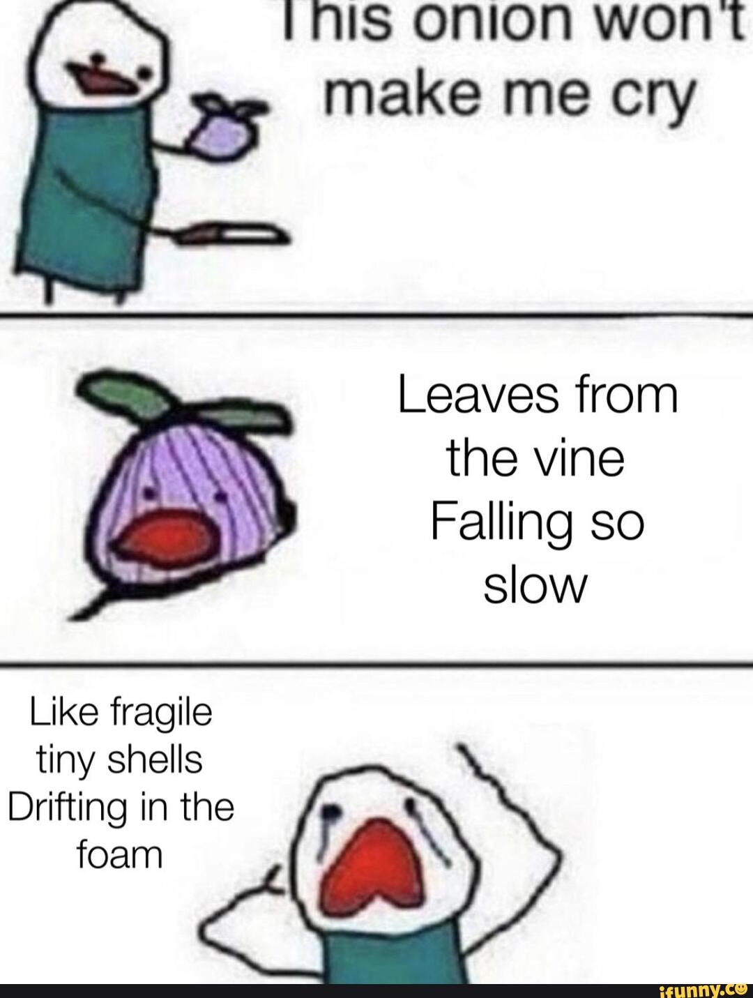 onion wont make me cry
Leaves from
the vine
Falling so slow
Like fragile tiny shells
Drifting in the foam