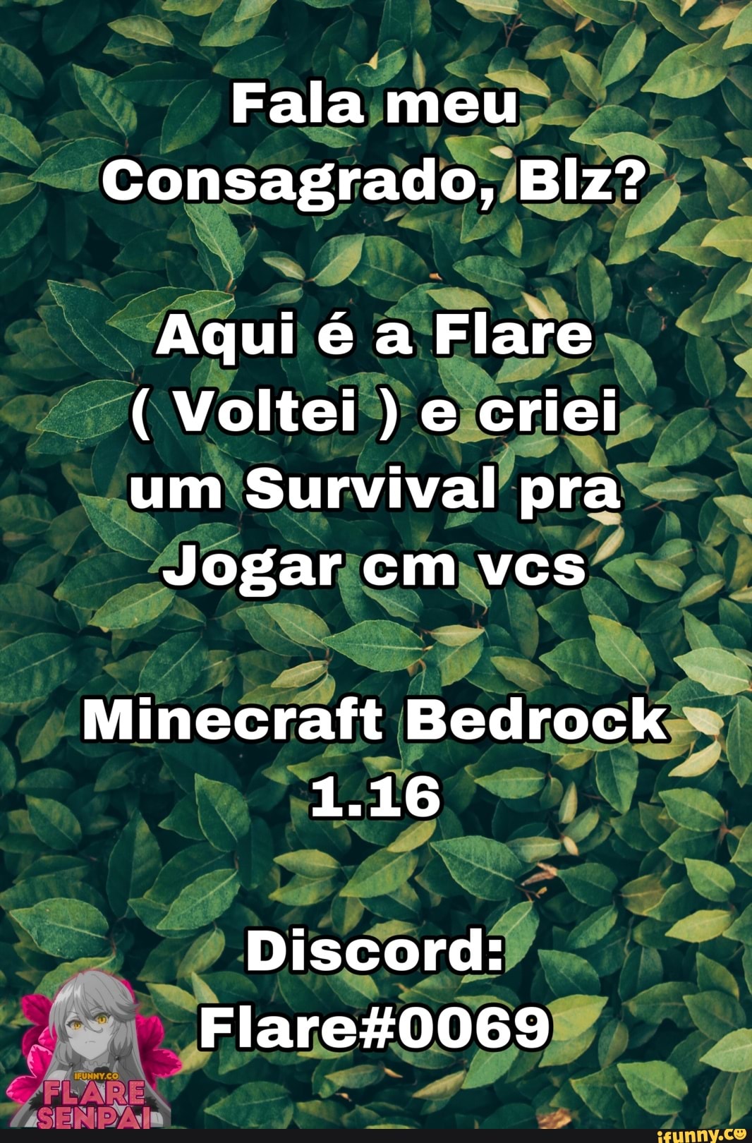 Fala meu
Consagrado, Blz?
Aqui é a Flare
( Voltei ) e criei um Survival pra
Jogar cm vcs
Minecraft Bedrock
1.16
Discord:
Flare40069