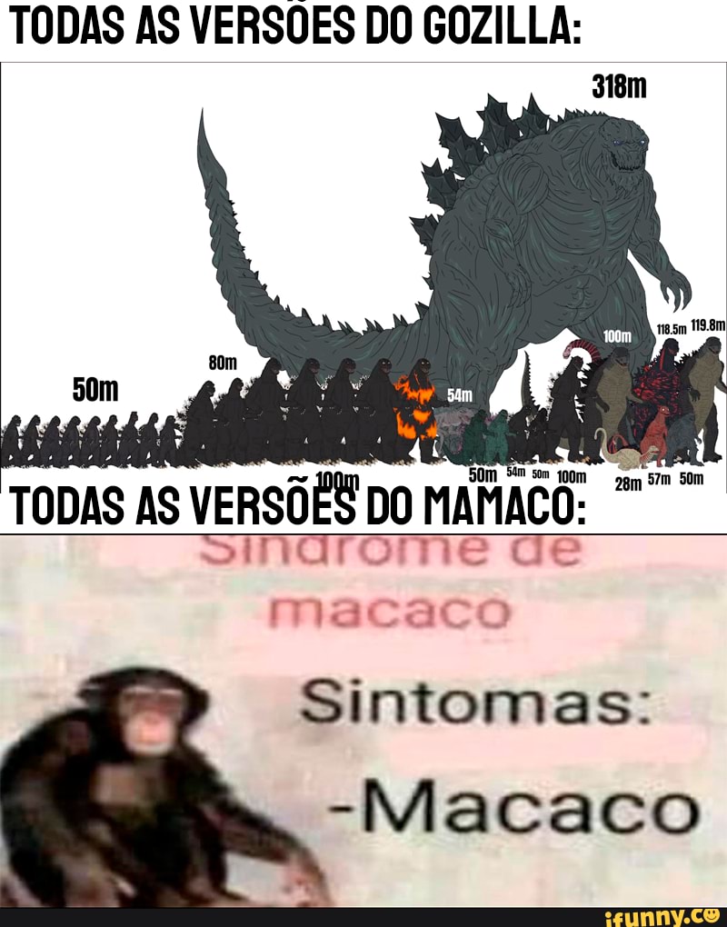 TODAS AS VERSÕES DO GOZILLA:
Sim
TODAS AS AS VERSÕES DO
ome de
Sintomas:
-Macaco
