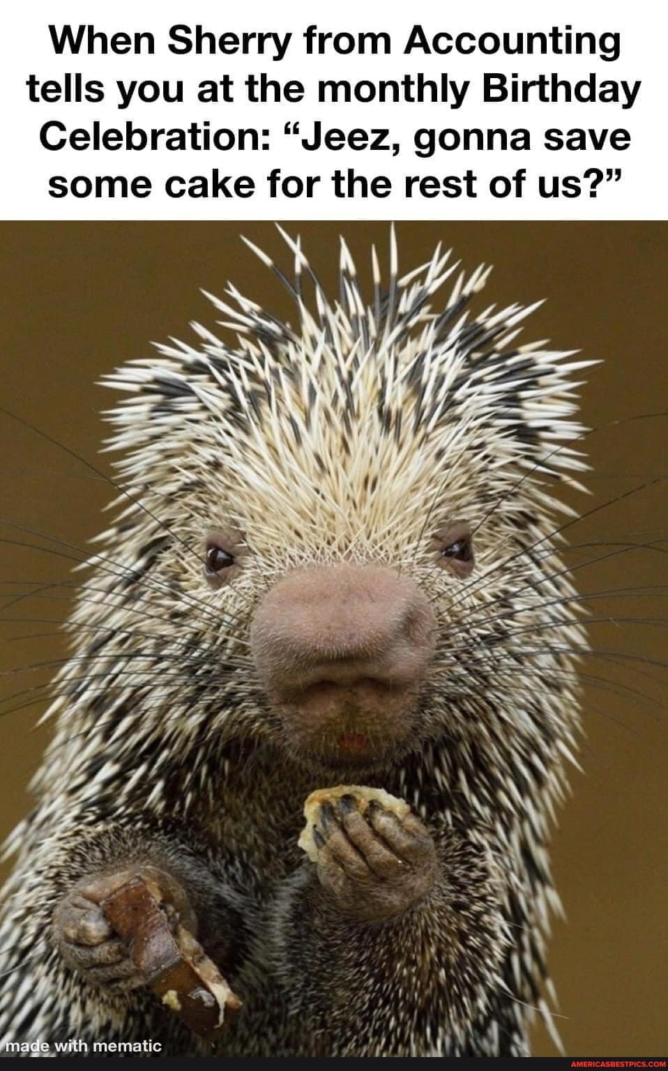 When Sherry from Accounting tells you at the monthly Birthday
Celebration: "Jeez, gonna save
some cake for the rest of us?"