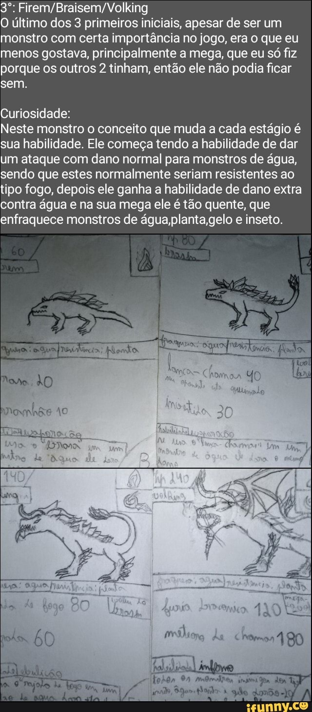 O último dos 3 primeiros iniciais, apesar de ser um monstro com certa importância no jogo, era o que eu menos gostava, principalmente a mega, que eu só fiz porque os outros 2 tinham, então ele não podia ficar sem
Curiosidade:
Neste monstro o conceito que muda a cada estágio é sua habilidade. Ele começa tendo a habilidade de dar um ataque com dano normal para monstros de água, sendo que estes normalmente seriam resistentes ao tipo fogo, depois ele ganha a habilidade de dano extra contra água e na sua mega ele é tão quente, que enfraquece monstros de água,planta gelo e inseto.