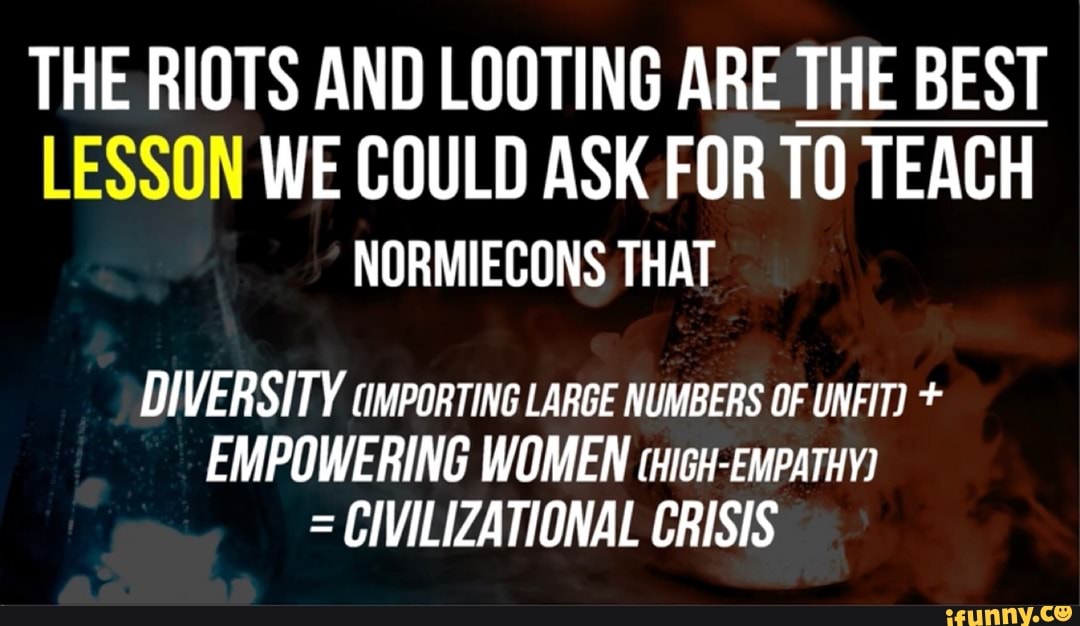 THE RIOTS AND LOOTING ARE THE BEST
LESSON WE COULD ASK FOR TO TEACH
NORMIECONS THAT
DIVERSITY cimporTiNG LARGE NUMBERS OF UNFIT) EMPOWERING WOMEN ticH-EMPATHY)
CIVILIZATIONAL CRISIS