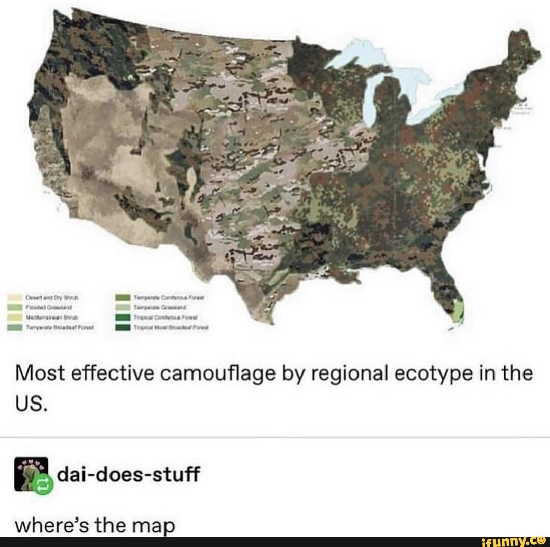 Vectores tore
7
A A tar rate Foret
Most effective camouflage by regional ecotype in the
BF, dai-does-stuff
where's the map