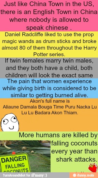 Just like China Town in the US,
there is an English Town in China
where nobody is allowed to
speak chinese
Daniel Radcliffe liked to use the prop
magic wands as drum sticks and broke
almost 80 of them throughout the Harry
Potter series.
If twin females marry twin males,
and they both have a child, both
children will look the exact same
The pain that women experience
while giving birth is considered to be
similar to getting burned alive.
Akon's full name is
Aliaune Damala Bouga Time Puru Nacka Lu
Lu Lu Badara Akon Thiam.
More humans are killed by