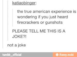 the true american experience is
wondering if you just heard
firecrackers or gunshots
PLEASE TELL ME THIS IS A
not a joke