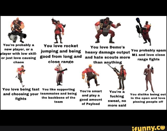 RY You're probablya iove rocket FX
You're probably You love rocket You love Demo's
new player, or vor with low jumping and being heavy damage output You Probably for just love causing from close long range and and hate than scouts more anything range tights
chaos close range than anything
You and play a good amount of Payload
You love being fast You like supporting and choosing your teammates and boing fights the backbone team of the
team
in the open and love pissing people off