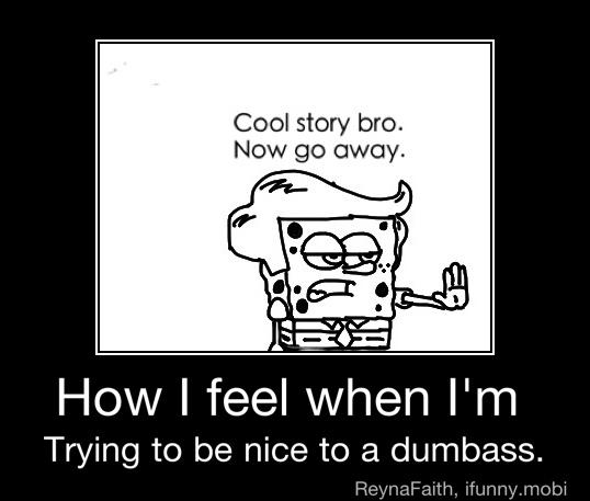 Cool story bro.
Now go away.
How I feel when I'm
Trying to be nice to a dumbass. - How I feel when I'm
Trying to be nice to a dumbass.