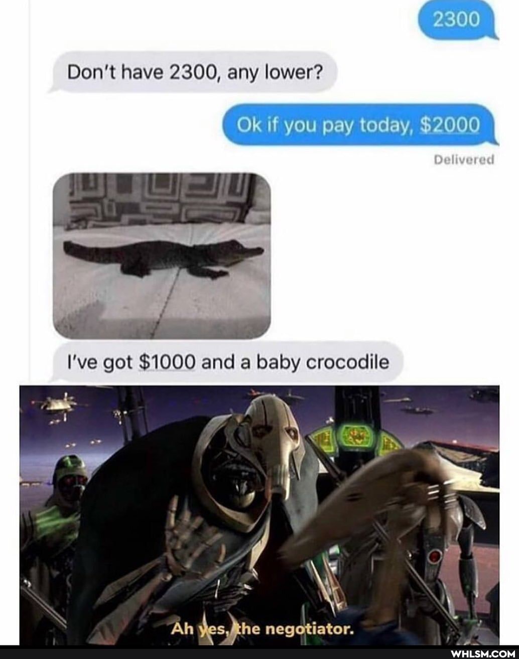 Don't have 2300, any lower?
Ok if you pay today, $2000
I've got $1000 and a baby crocodile
Ah
