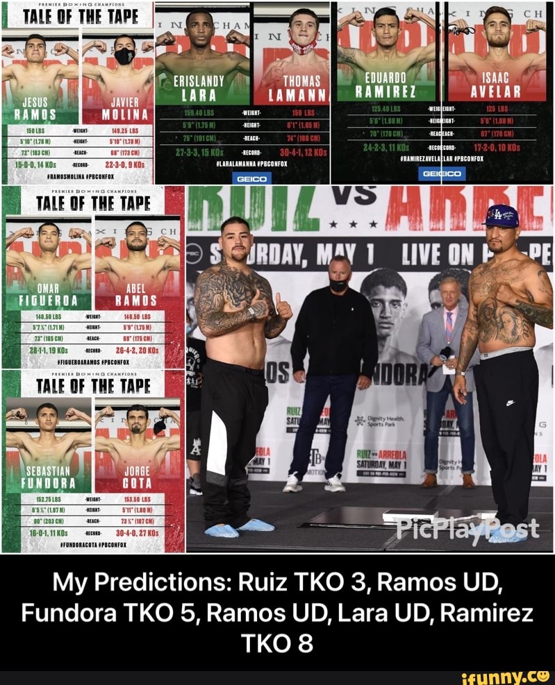 MES
mo
EON
My Predictions: Ruiz TKO 3, Ramos UD,
Fundora TKO 5, Ramos UD, Lara UD, Ramirez
TKO 8 - My Predictions: Ruiz TKO 3, Ramos UD, Fundora TKO 5, Ramos UD, Lara UD, Ramirez TKO 8