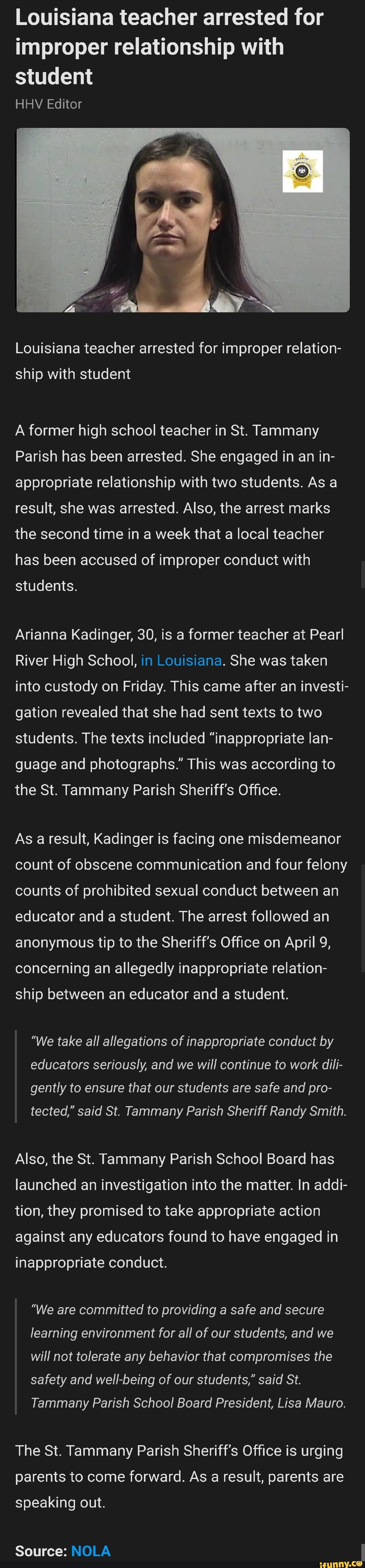 Louisiana teacher arrested for improper relationship with student HHV ...
