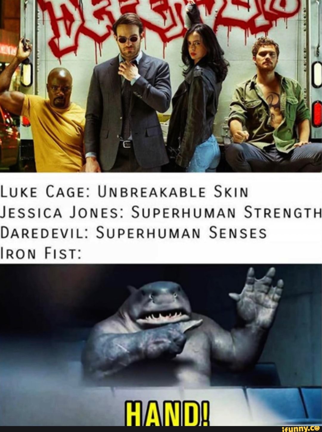 \ I OS
LUKE CAGE: UNBREAKABLE SKIN
JESSICA JONES: SUPERHUMAN STRENGTH DAREDEVIL: SUPERHUMAN SENSES
IRON FIST: