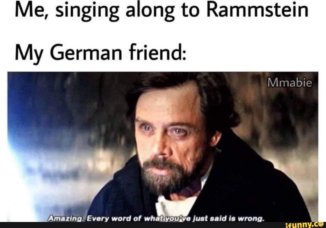 Me, singing along to Rammstein My German friend: Amazing. Every word of ...