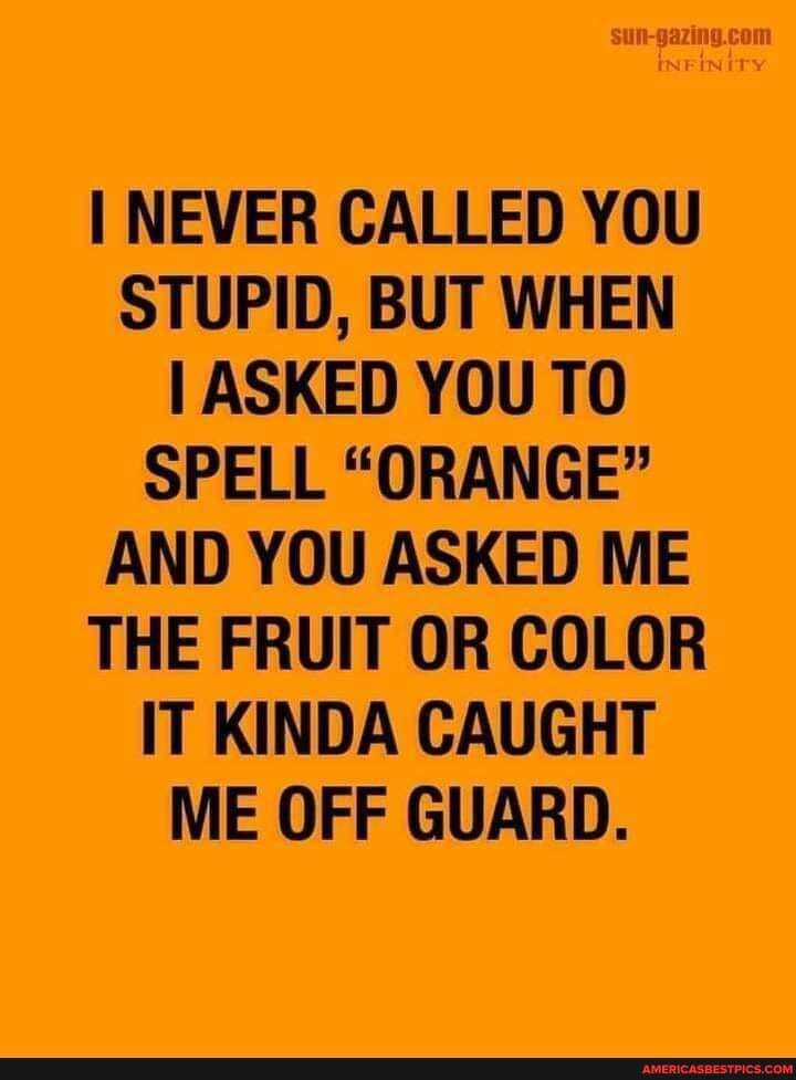 I NEVER CALLED YOU STUPID, BUT WHEN ASKED YOU TO SPELL "ORANGE"
AND YOU ASKED ME THE FRUIT OR COLOR IT KINDA CAUGHT ME OFF GUARD.
