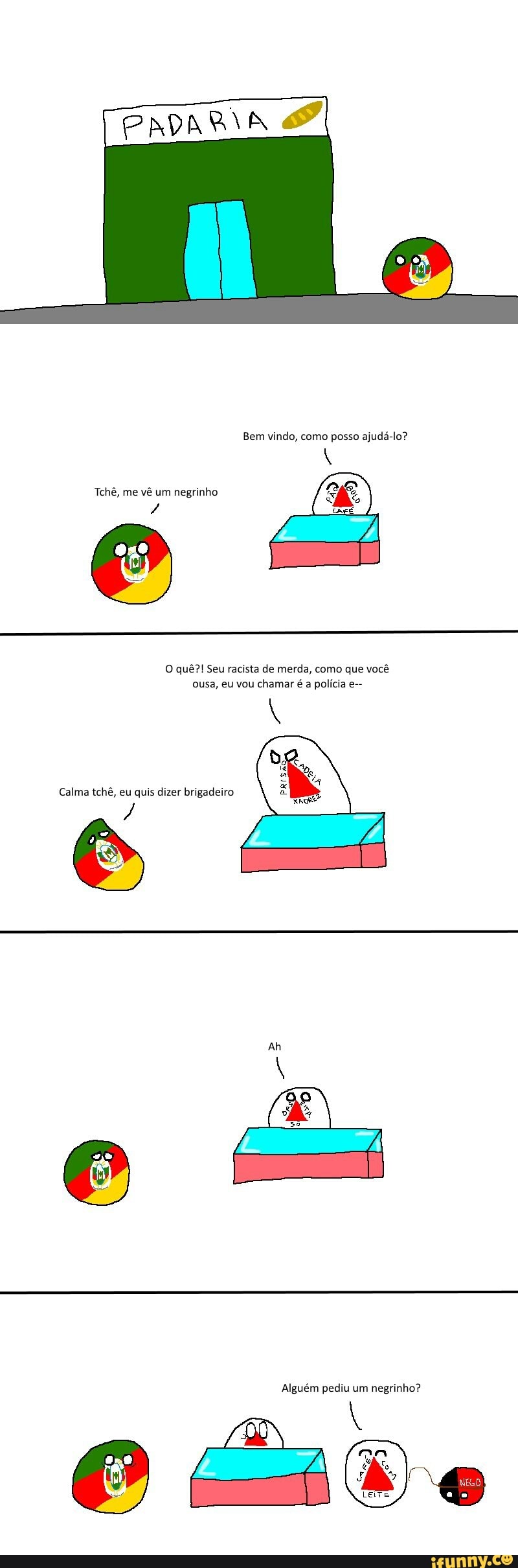 vindo, posso ajudá-lo?
Tchê, me vê um negrinho
O quê?! Seu racista de merda, como que você
ousa, eu vou chamar é a polícia e--
Calma tchê, eu quis dizer brigadeiro