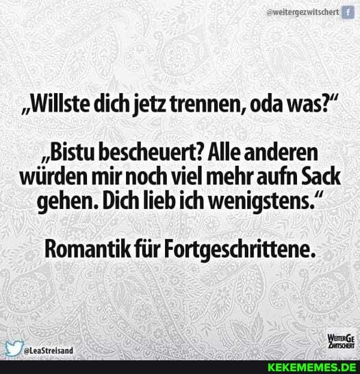 "Willste dich jetz trennen, oda was?"
"Bistu bescheuert? Alle anderen würden mir noch viel mehr aufn Sack gehen. Dich lieb ich wenigstens."
Romantik für Fortgeschrittene.