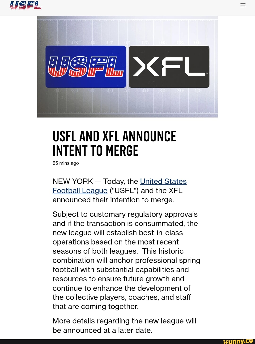 US Football League And XFL Announce Intention To Merge—Create New