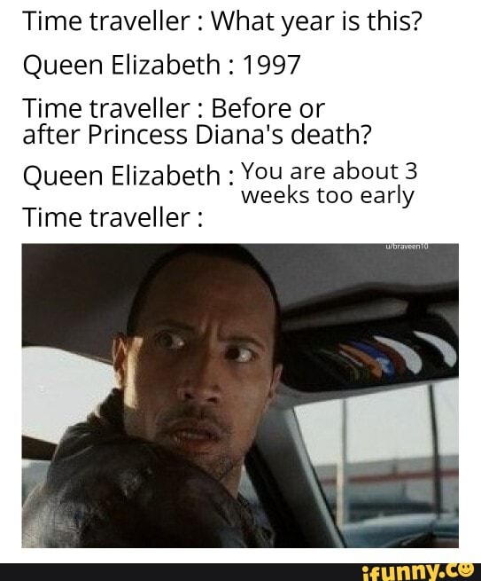 Time traveller What year is this?
Queen Elizabeth 1997
Time traveller Before or
after Princess Diana's death?
Queen Elizabeth You are
about 3
weeks too early
Time traveller