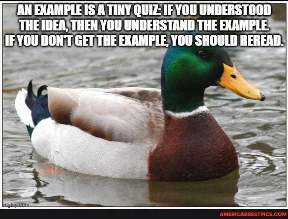 ANEXAMPLEIS A TINY QUIZ: IF YOU UNDERSTOOD THE IDEA, THEN YOU UNDERSTAND THE EXAMPLE.
IF YOU DONT GET THE EXAMPLE, YOU SHOULD REREAD.