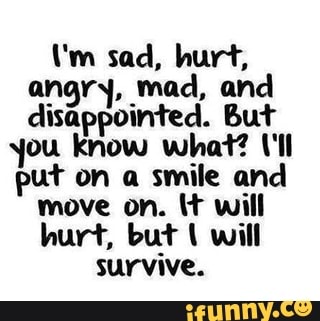 Um sad, hurt,
angry, mad, and
disappointed. But
you know what? (Il
ut on a smile and
move on. kt will
hurt, but 1 will
survive.