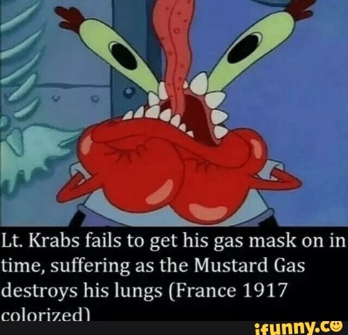 Lt. Krabs fails to get his gas mask on in
time, suffering as the Mustard Gas
seal his lungs (France 1917