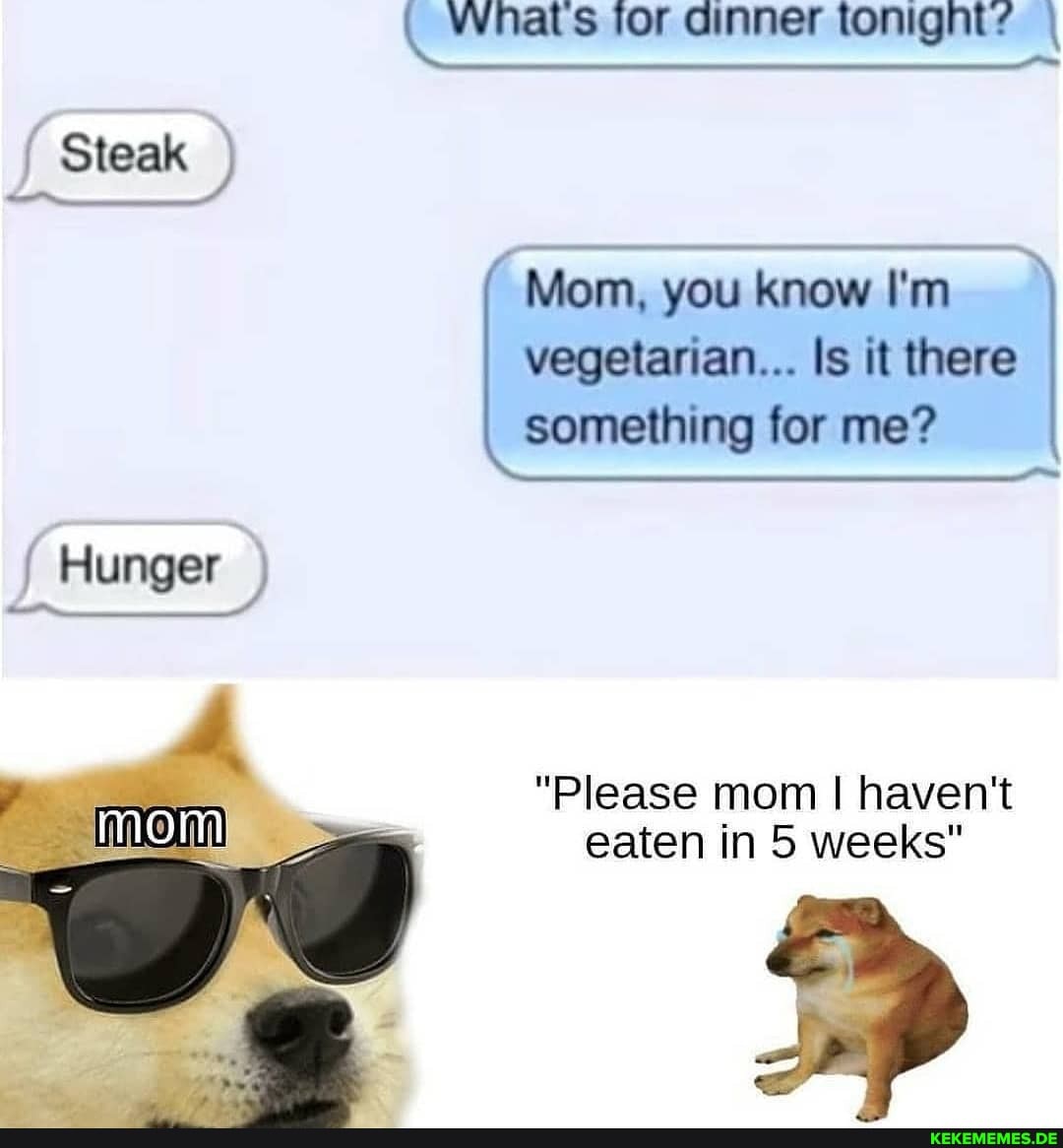 Whats for dinner tonight?
Steak
Mom, you know I'm vegetarian... Is it there something for me?
Hunger
"Please mom I haven't eaten in 5 weeks"
AA
mom