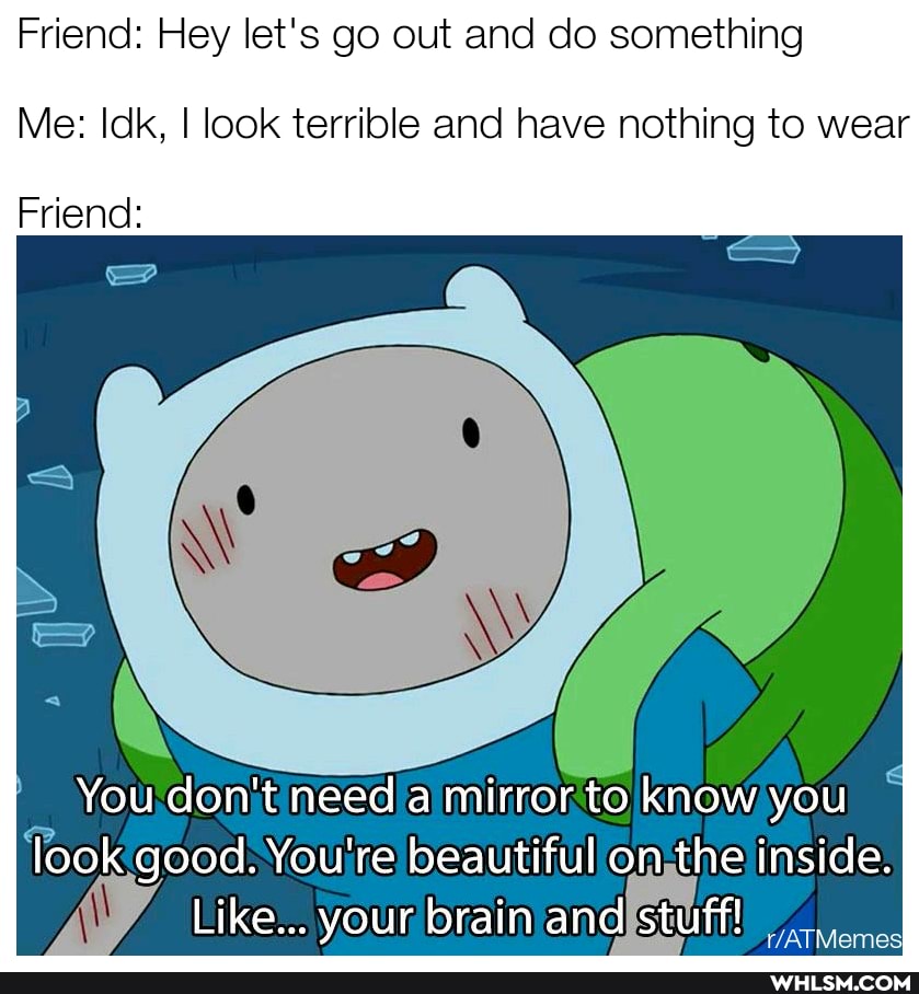 Friend: Hey let's go out and do something
Me: Idk, I look terrible and have nothing to wear
Friend:
You don't need a mirror to I know you look good. You're beautiful on the inside.
Like... your brain and stuff!
