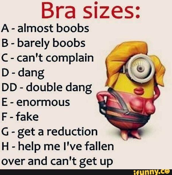 Bra sizes: A- almost boobs B - barely boobs C- can't complain D - dang DD -  double