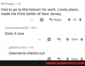 RotTragen
Had to go to Morristown for work. Lovely place, made me think better of New Jersey.
Reply F124
fucknewjersey20
Does it now
vote
cltterturles " im seesion cur