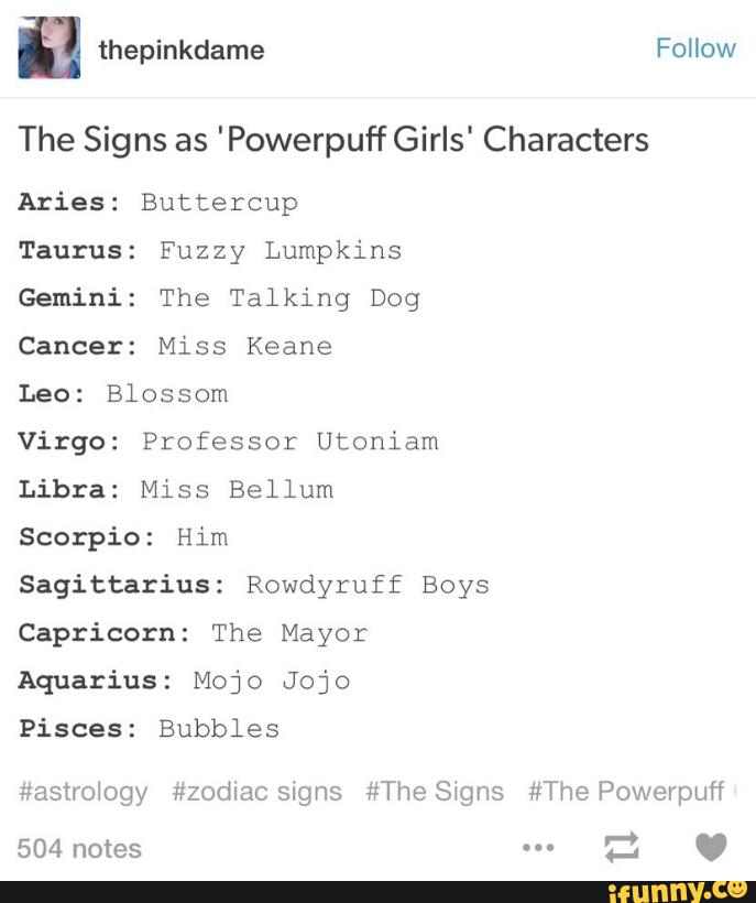 The Signs As Powerpuff Girls Characters Aries Buttercup Taurus Fuzzy Lumpkins Gemini The Talking Dog Cancer The Signs As Powerpuff Girls Characters Aries Buttercup Taurus Fuzzy Lumpkins Gemini The Talking Dog Cancer