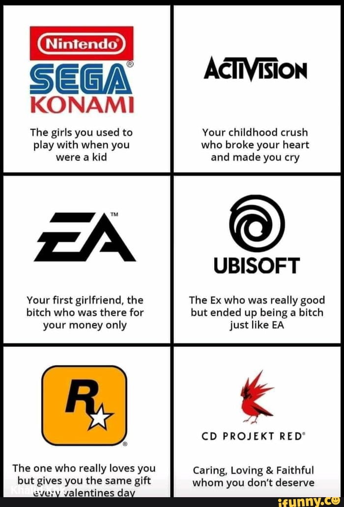 SEGA
bitch who was there for
your money only
The one who really loves you
but gives you the same gift
every valentines day
ACTIVISION
but ended up being a bitch
just like EA
CD PROJEKT RED
Caring, Loving Faithful
whom you don't deserve