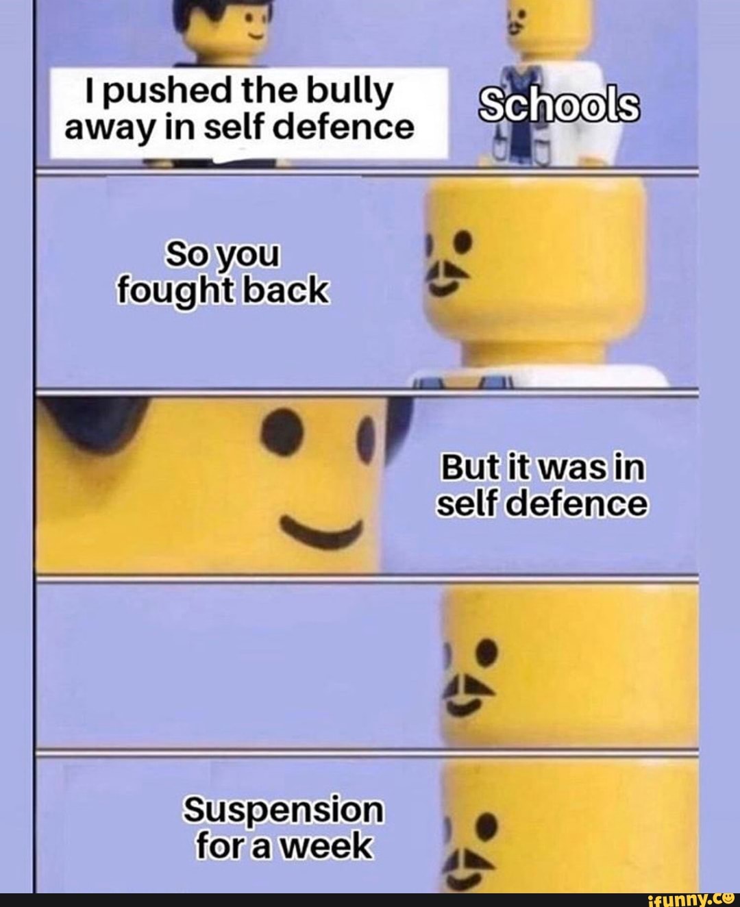 I pushed the bully
away in self defence
So you
fought back
But it was in
self defence
Suspension
fora week