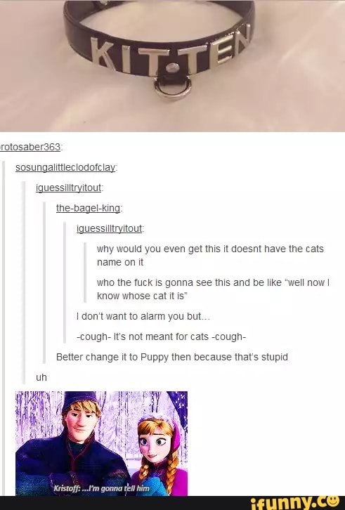 iguessilltryitout:
why would you even get this it doesnt have the cats
name on it
who the fuck is gonna see this and be like "well now I
know whose cat it is
I don't want to alarm you but
-cough- Its not meant for cats -cough-
Better change it to Puppy then because that's stupid