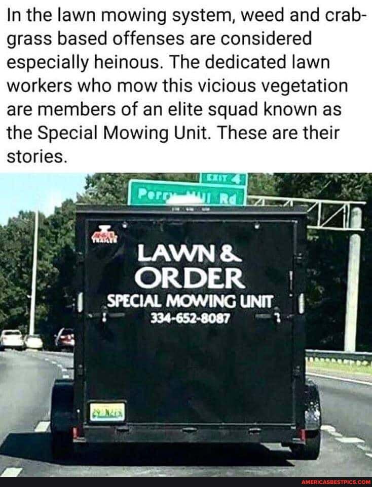 In the lawn mowing system, weed and crab- grass based offenses are considered especially heinous. The dedicated lawn workers who mow this vicious vegetation are members of an elite squad known as the Special Mowing Unit. These are their stories.
rr
ORDER
SPECIAL MOWING UNIT
334-652-8087
