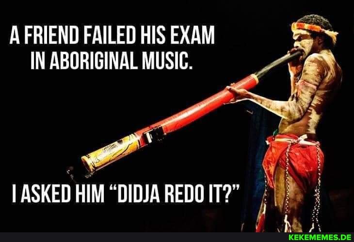 A FRIEND FAILED HIS EXAM IN ABORIGINAL MUSIC.
ASKED HIM "DIDJA REDO IT?"