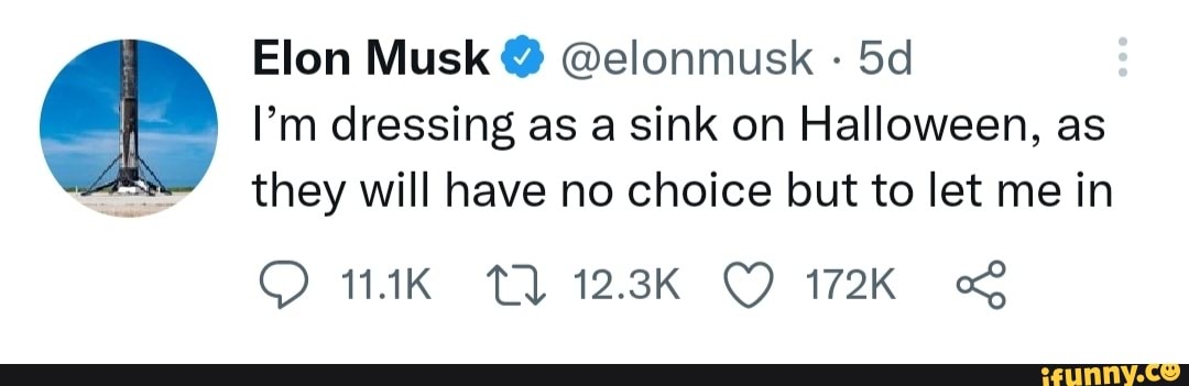 Elon Musk @slonmusk Sd I I'm dressing as a sink on Halloween, as they ...