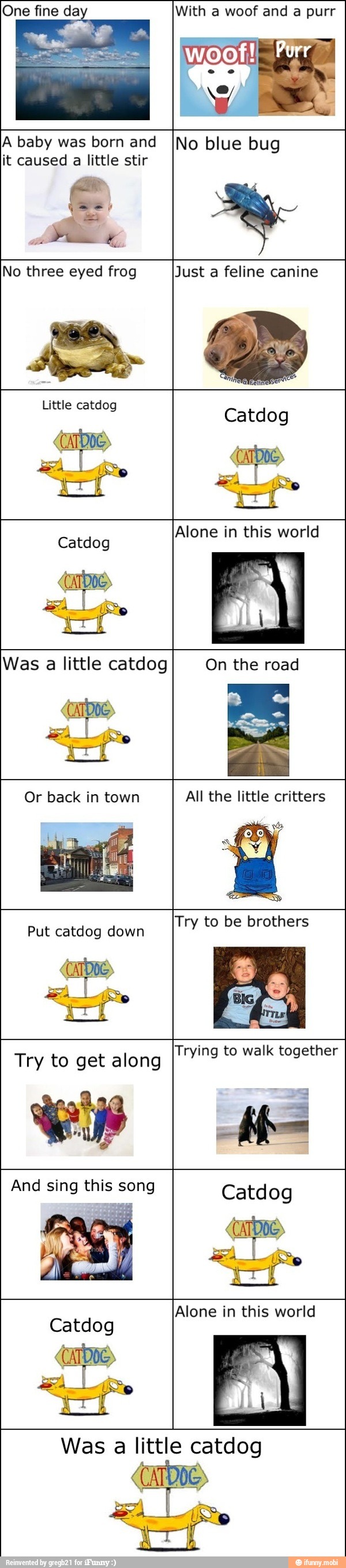 With a woof and a purr
wt
A baby was born and
it caused a little stir
y
SA
No blue bug
No three eyed frog
Just a feline canine
1
i
Little catdog
Catdog
apo
E
SS
Catdog
Alone in this world
durão"
Was
a little catdog