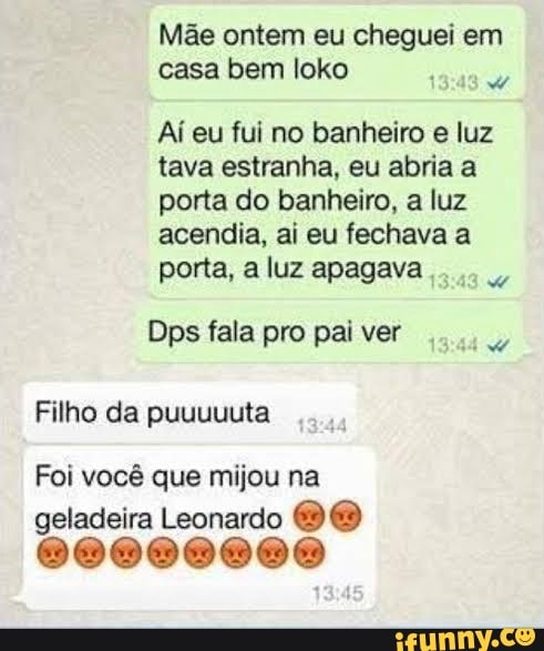 Mãe ontem eu cheguei em casa bem loko
Aí eu fui no banheiro e luz tava estranha, eu abria a porta do banheiro, a luz acendia, ai eu fechava a
porta, a luz apagava
Filho da puuuuuta
Foi você que mijou na geladeira Leonardo OO