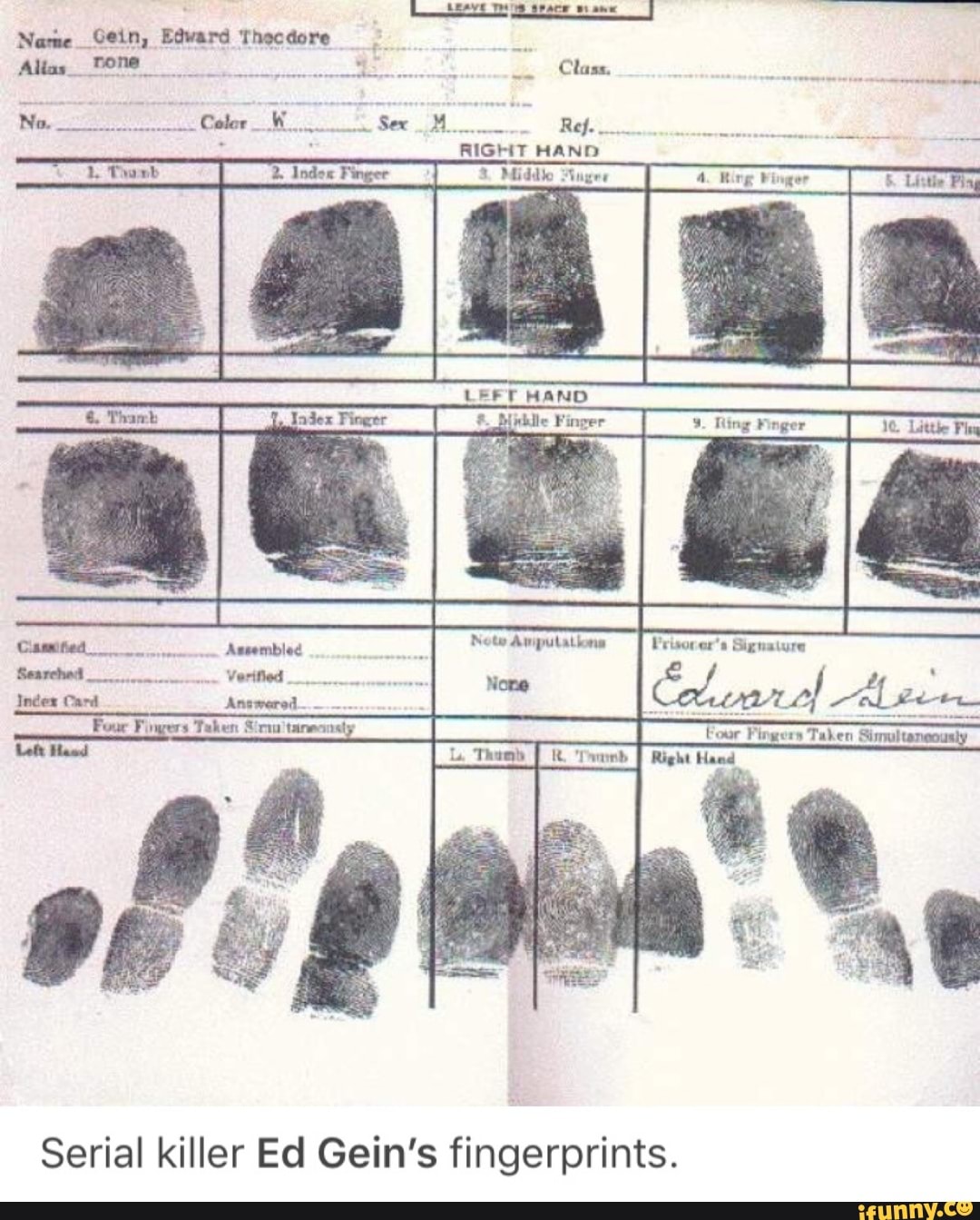 Serial killer Ed Gein's fingerprints. iFunny