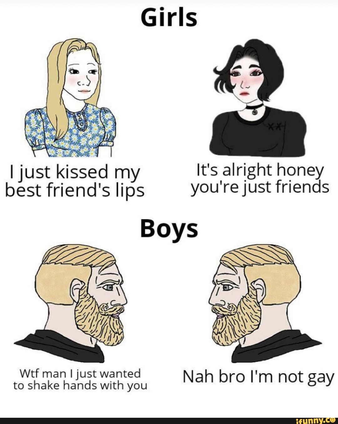 Girls
I just kissed my It's alright honey best friend's lips you're just friends
Boys
Wtf man I just wanted to shake hands with you Nah bro I'm not gay