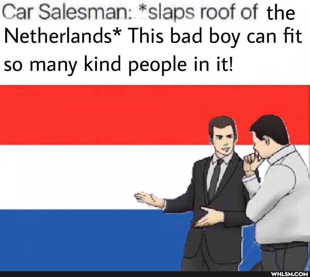 Car Salesman: *slaps roof of the
Netherlands* This bad boy can fit
so many kind people in it!