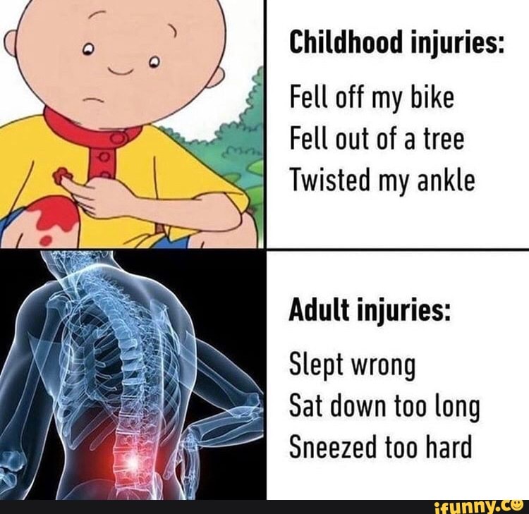 Childhood injuries:
á
I
Fell off my bike
I Fell out of a tree
Twisted my ankle
Adult injuries:
E
Slept wrong
4
Sat down too long
Sneezed too hard