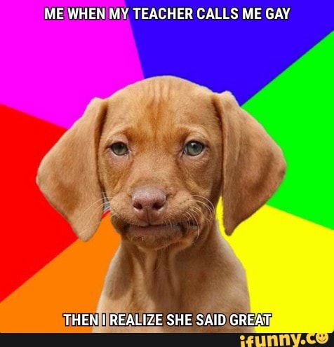 ME WHEN MY TEACHER CALLS ME GAY
THEN REALIZE SHE SAID GREAT
